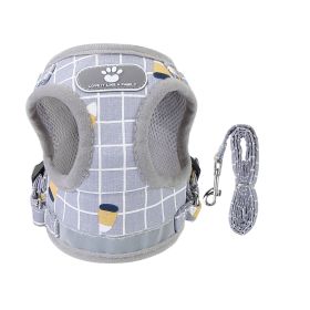 Pet Mesh Harness Dog Leash Set Reflective Chest Strap Adjustable Puppy Vest For Puppies Breeds Dogs Cats Walking Outdoor (Option: GreyCheckered_L)