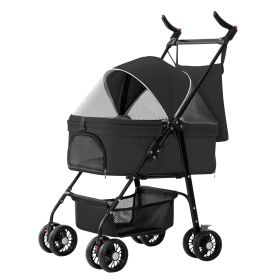 4 Wheels Pet Stroller Foldable Carrier Strolling Cart Travel Jogger Pet Stroller with Removable Liner Storage Basket for Dog Cat (Option: Black)